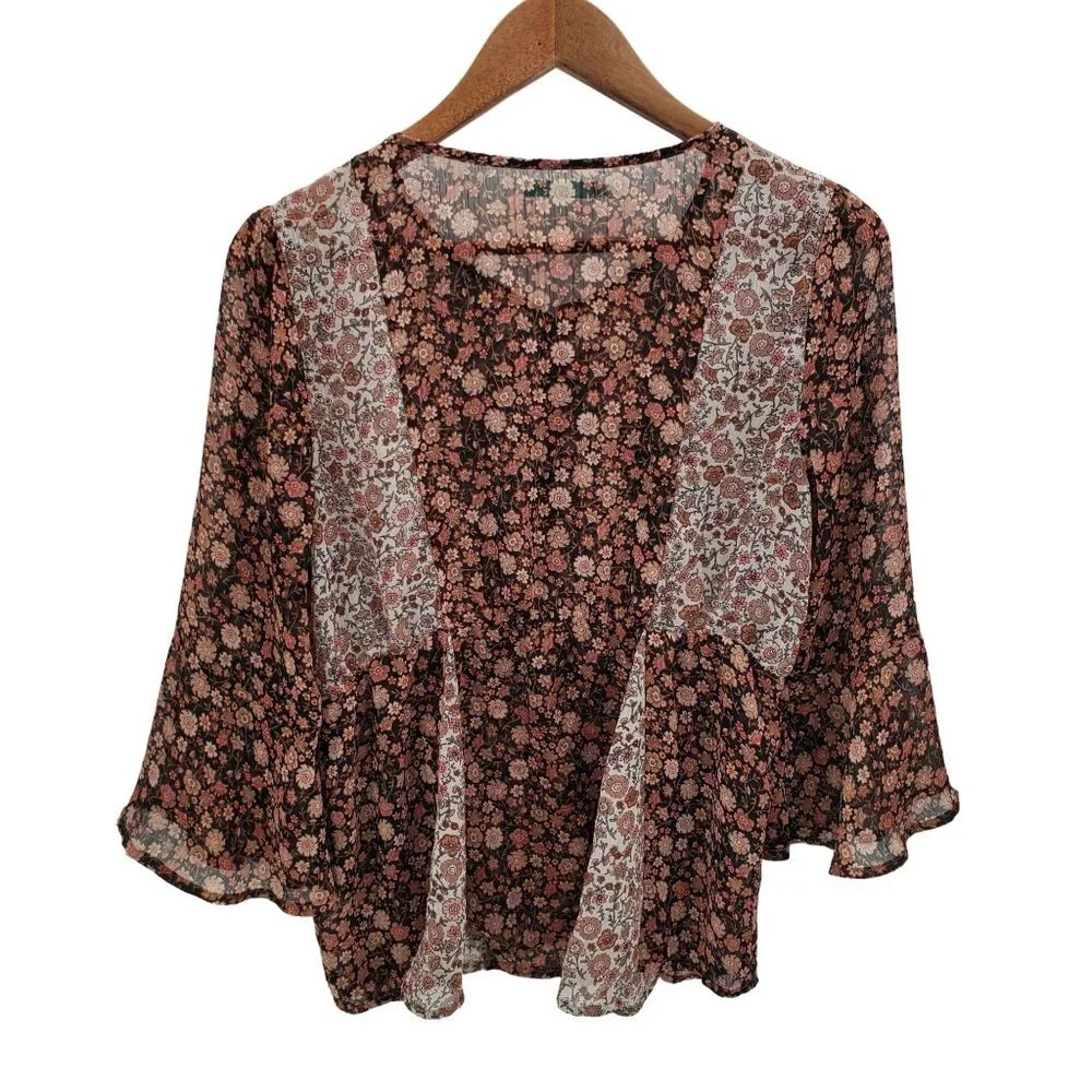Maurices Womens Bell Sleeve Blouse Top Size‎ M Sheer Button Pink Black Boho
